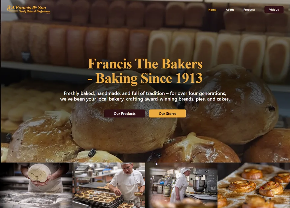 Francis The Bakers website homepage with fresh-baked rolls